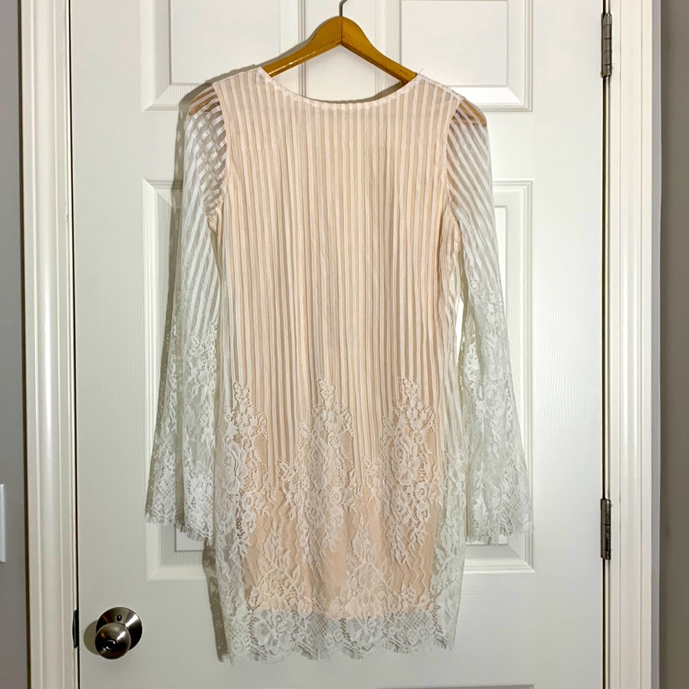 Olivaceous Cream Pleated Sheath Midi Dress with Bell Sleeves
